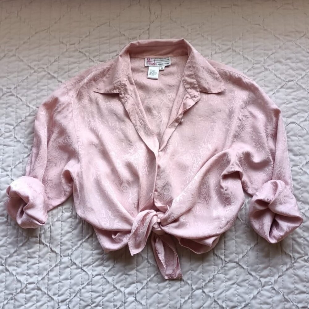 100% Silk Pink Paisley Button Down Blouse - Vintage - Size M